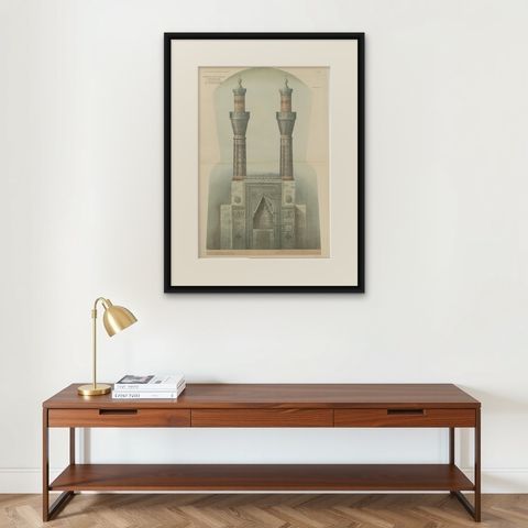 Gök Medrese Sivas Twin Minarets, Seljuk Islamic Architecture Print 1924, shown framed on a wall, true to size