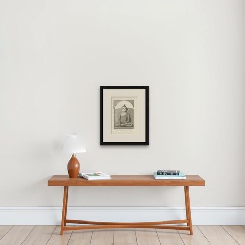 Antique Print of the Great Buddha Statue 'Bodh Gaya' by Symes '1800', shown framed on a wall, true to size