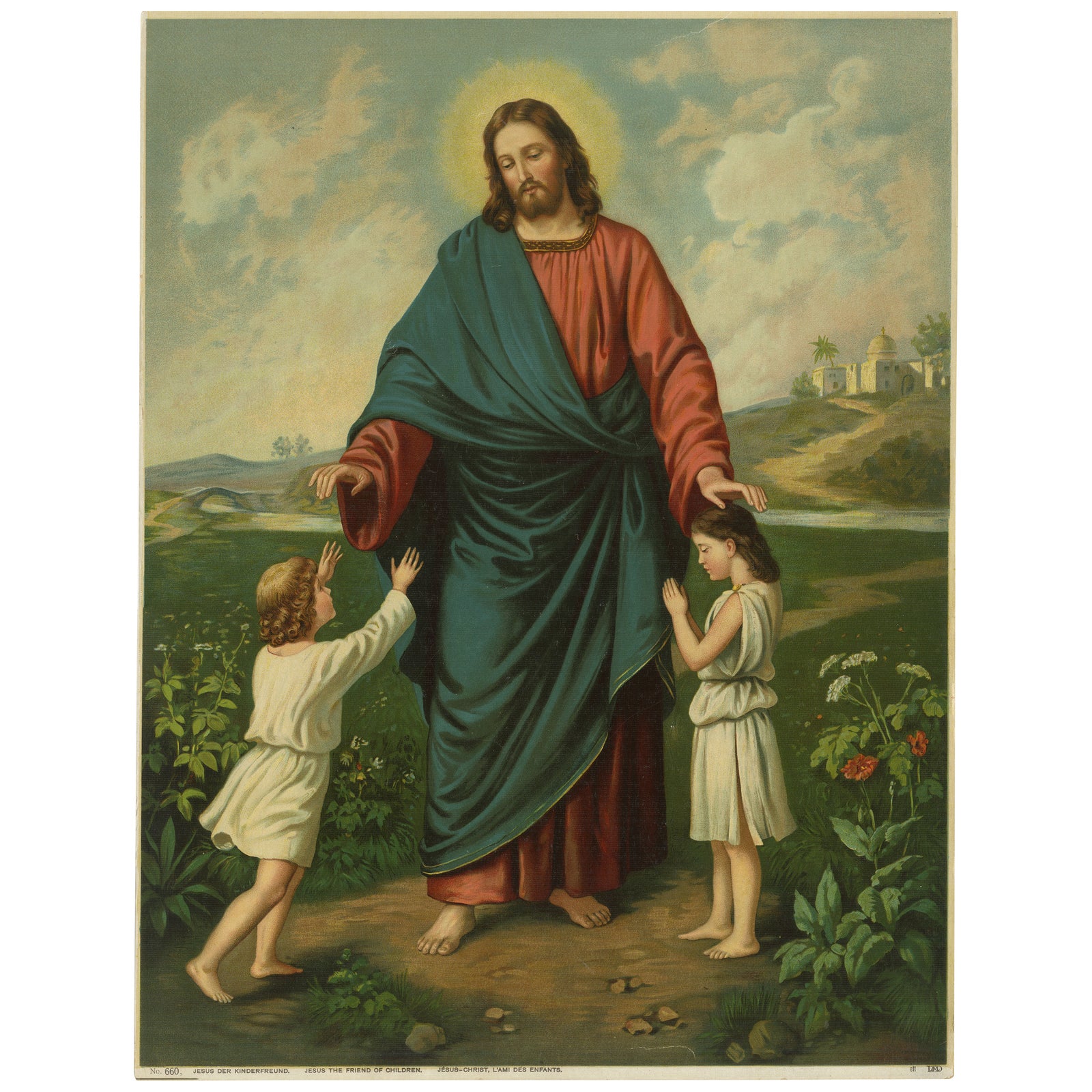 Antique Catholic Print of Jesus Blessing Children, Germany, c. 1890