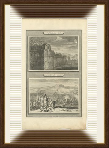 Rahab and the Spies and the Crossing of the Jordan, Mortier Bible circa 1700, shown framed