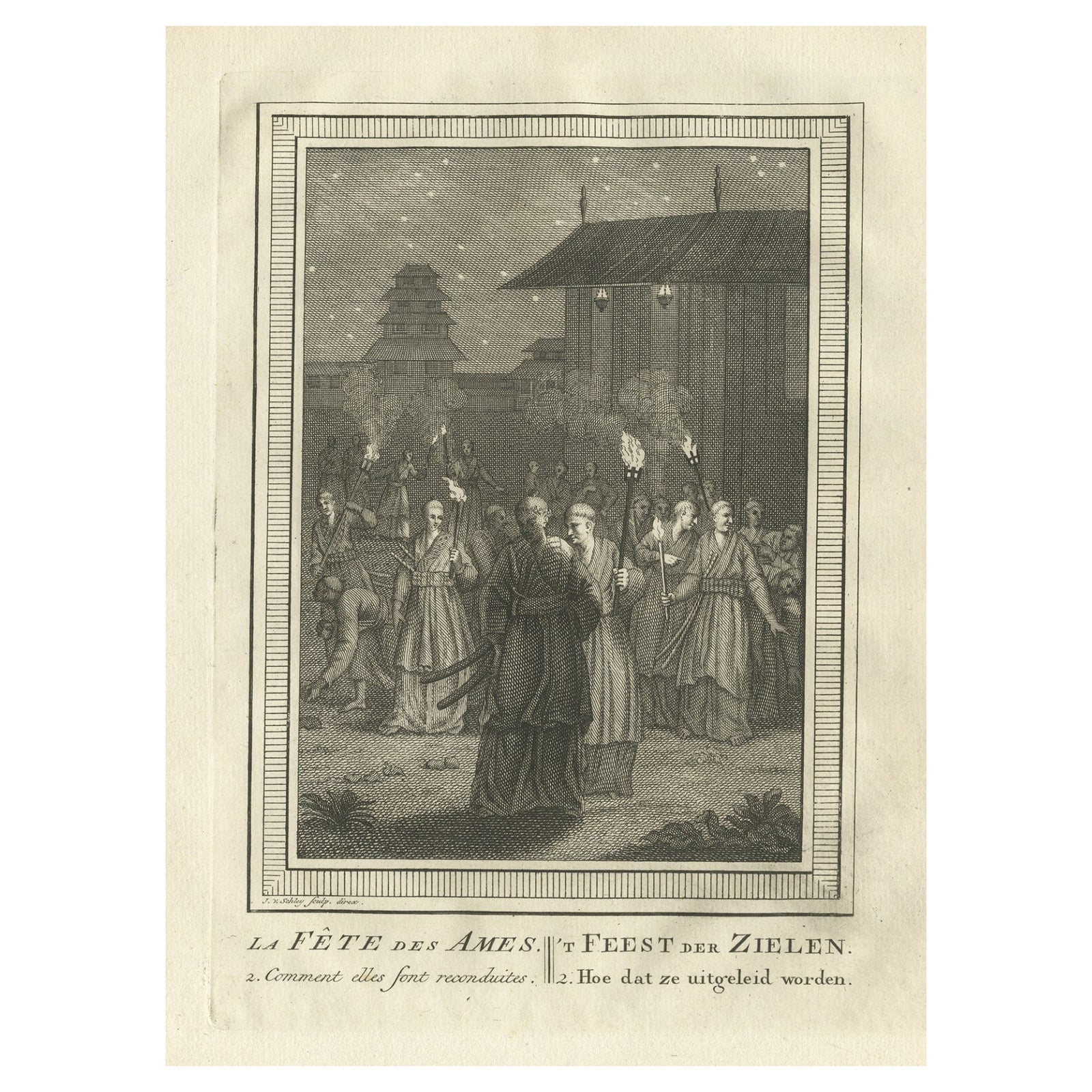 Old Engraving Depicting the Buddhist Festival of Souls 'Obon' in Japan, 1758
