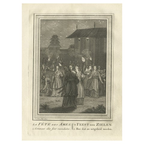 Old Engraving Depicting the Buddhist Festival of Souls 'Obon' in Japan, 1758