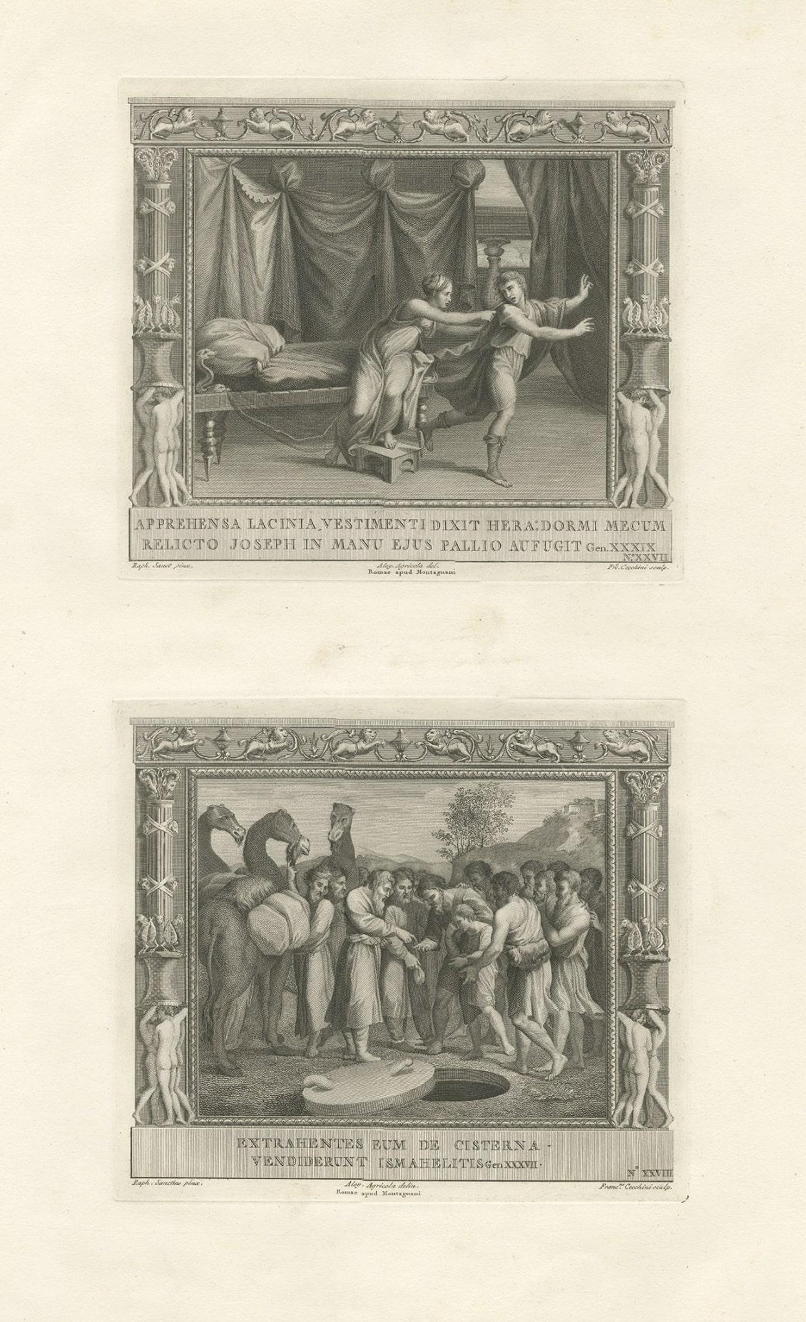Old Religion Print of Joseph & Potiphar's Wife & Him Being Sold by His Brothers