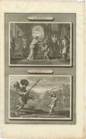 Samuel Anoints David and David Slays Goliath, Mortier Bible circa 1700, view 2
