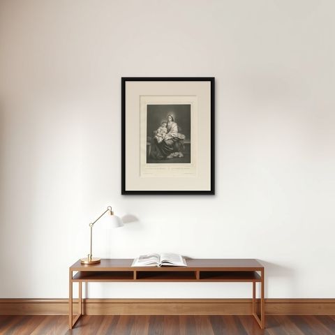 Madonna and Child with Rosary, Antique French Religious Print, c.1850, shown framed on a wall, true to size