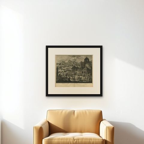 Antique Bible Print the Festival of Shelters by J. Luyken, 1743, shown framed on a wall, true to size