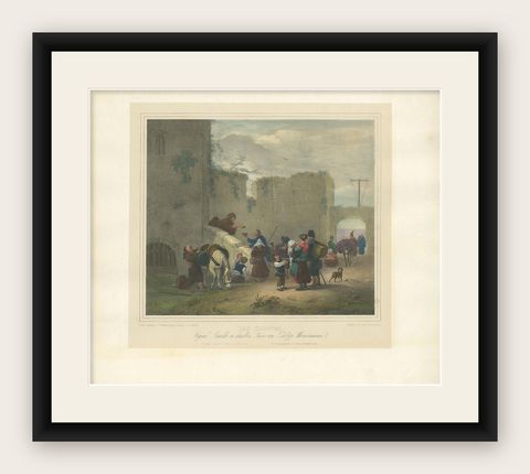 Antique Print of Travellers Halting at a Convent, circa 1840, shown framed