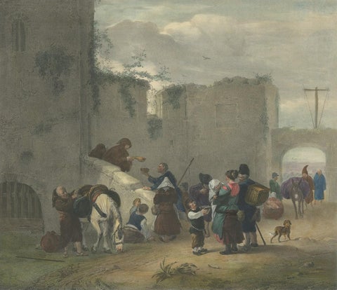 Antique Print of Travellers Halting at Convent, C.1840, close-up 1