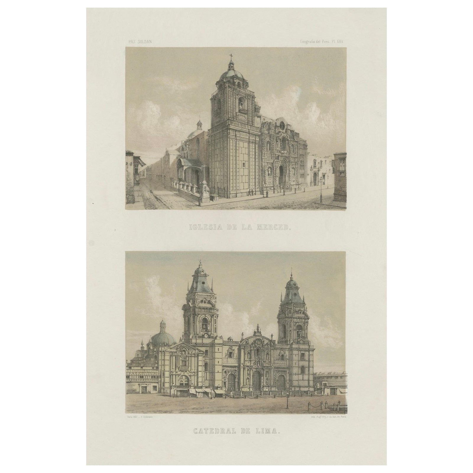 Hand-colored lithograph views of the Cathedral and La Merced Church, Lima, 1865