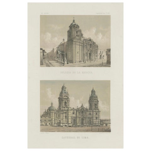 Hand-colored lithograph views of the Cathedral and La Merced Church, Lima, 1865