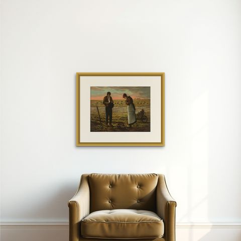 The Angelus at Sunset, After Millet, Antique European Chromolithograph, c.1900, shown framed on a wall, true to size