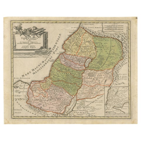 1718 Holy Land Map, Twelve Tribes, Six Provinces, Hand-Colored, Antique Map