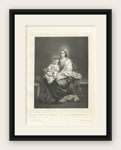 Madonna and Child with Rosary, Antique French Religious Print, c.1850, shown framed