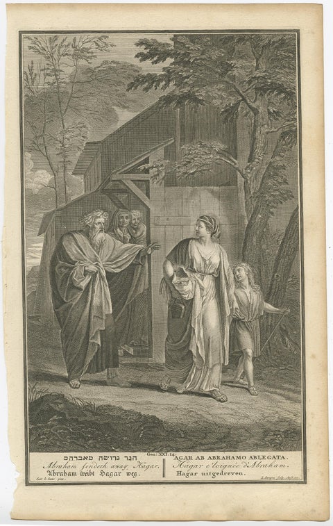 Old Religious Engraving of Abraham Sending Hagar Away as in Genesis, 1728, view 2