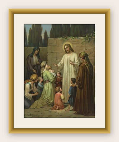 Jesus Blessing the Children, Antique German Chromolithograph, ca.1900, shown framed