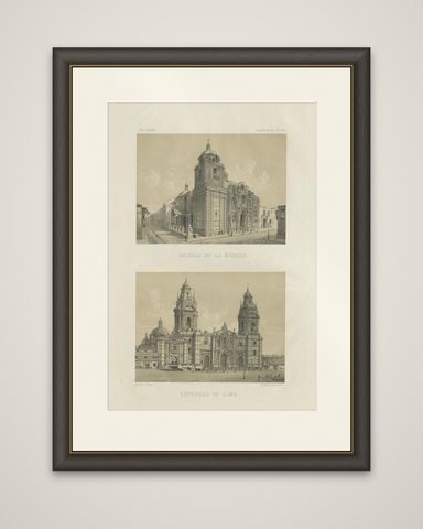 Antique lithograph views of the Cathedral and La Merced Church, Lima, 1865, shown framed