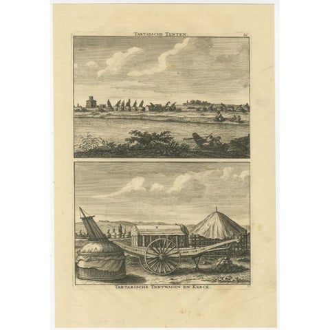 Antique Print of Tartar Tents, Wagon and a Tartar Church, 1714, view 2