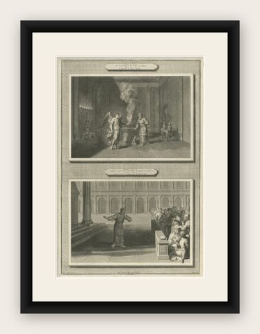 Angel Appears to Zechariah & Zechariah Struck Mute, Pieter Mortier, ca. 1700, shown framed