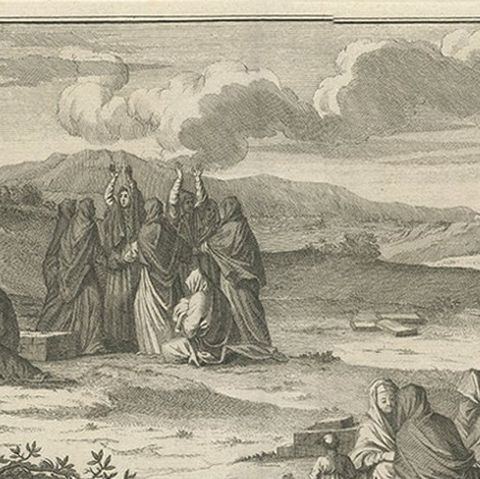 Print of Mourning of Greek Widows in Rama and Baptism in The River Jordan, 1730, close-up 3