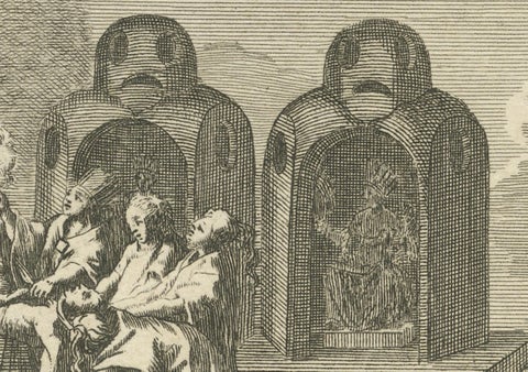 Mexican Penitence and Human Sacrifice, 1734 Engraving of Aztec Religious Rites, close-up 1