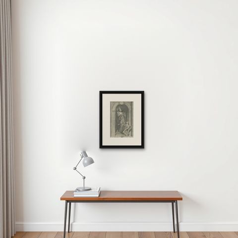 Saint Francis of Paola, engraving by Antonio Gramignani, Rome, 17th century, shown framed on a wall, true to size