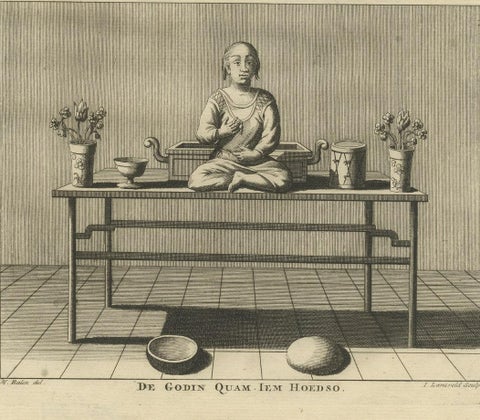 Old Print of Female Deities of Chinese Buddhism, Quanteja and Quam Iem Hoedso, close-up 2