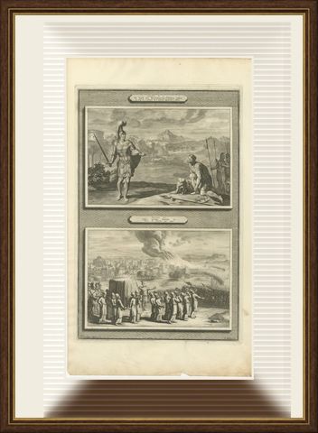 Joshua Meets the Angel and the Fall of Jericho, Mortier Bible circa 1700, shown framed