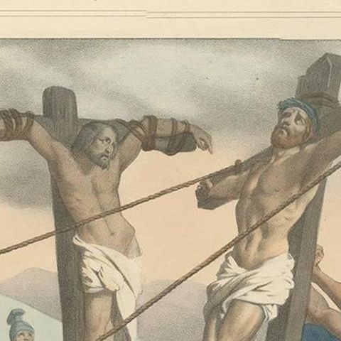 Antique Religious Print "No. 35" the Crucifixion of Jesus, circa 1840, close-up 1