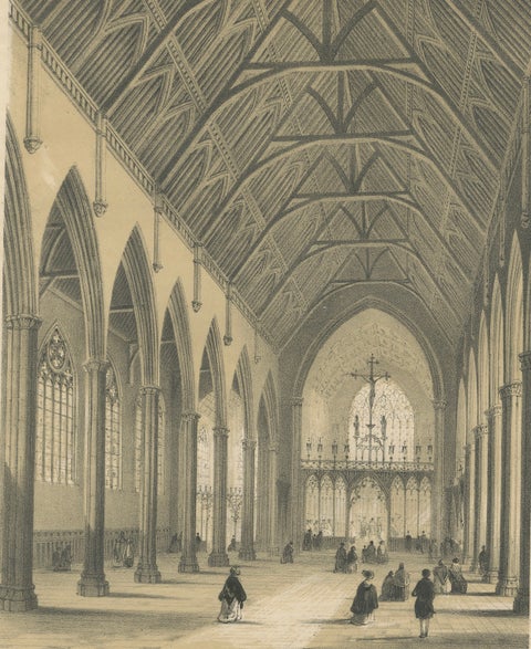 Lithograph of St. George's Church Interior Under Construction in London, 1843, close-up 1