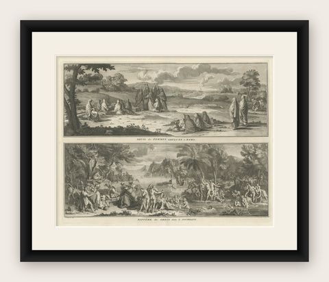 Print of Mourning of Greek Widows in Rama and Baptism in The River Jordan, 1730, shown framed