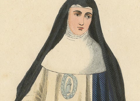 Antique Hand-Colored Engraving of a Conceptionist Nun, 19th Century, close-up 1