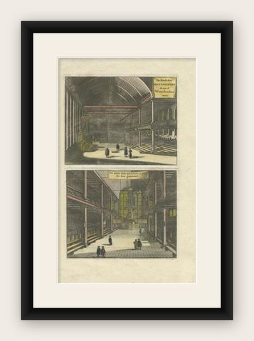 Antique Print of two Church Interiors in Amsterdam by Goeree, 1765, shown framed