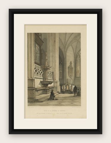 Antique Print of The Roman Catholic Cathedral in Fribourg, Switzerland, 1860, shown framed