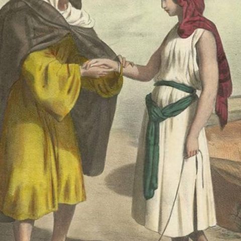 Antique Religious Print 'No. 13' Rebecca and Eliezer at the Well, circa 1840, close-up 2