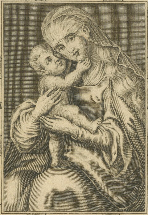 Virgin Mary with Child, Baroque Devotional Engraving, Penzinger, c.1700, close-up 1