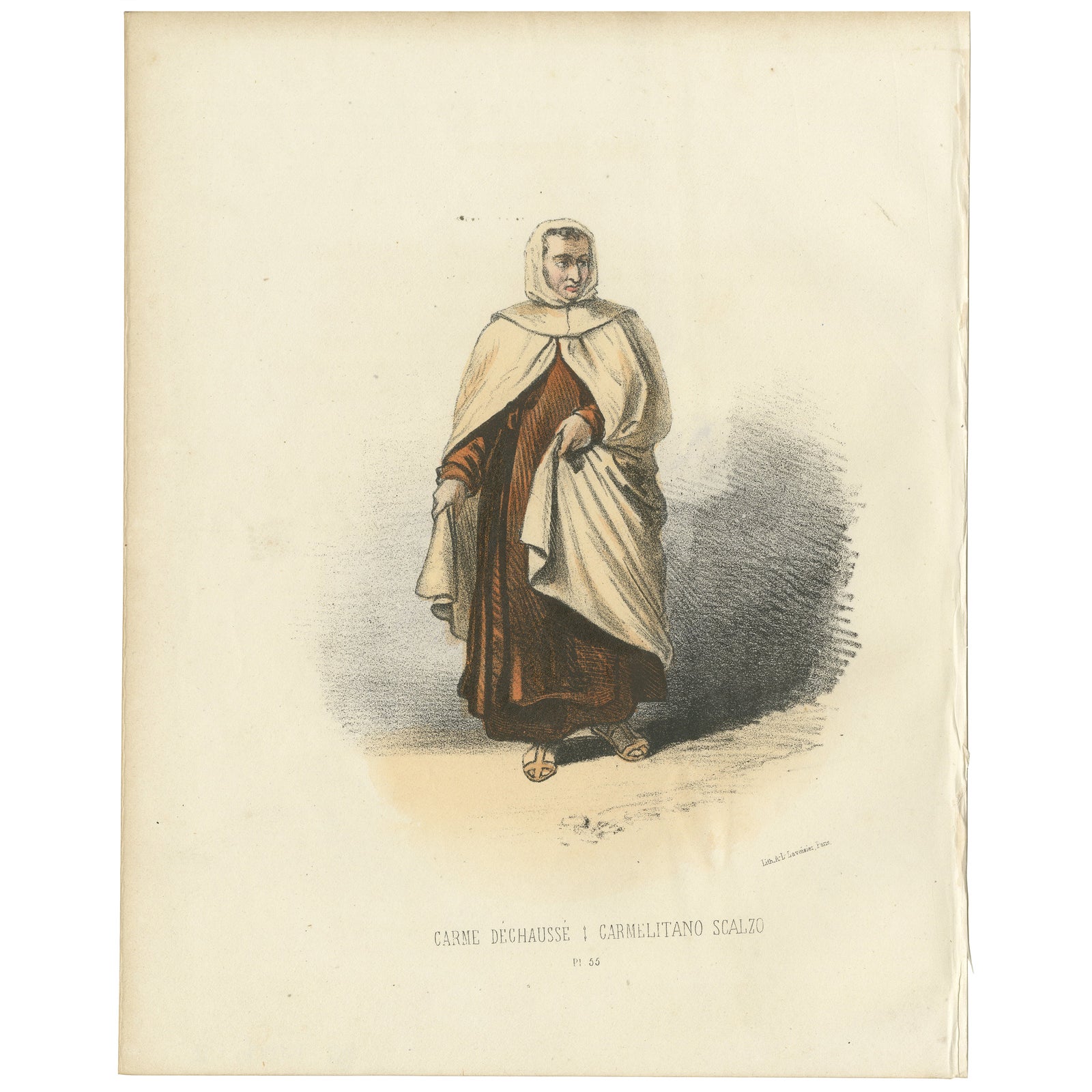 Carme Déchaussé, 1862 Hand-Colored Lithograph of a Discalced Carmelite Monk