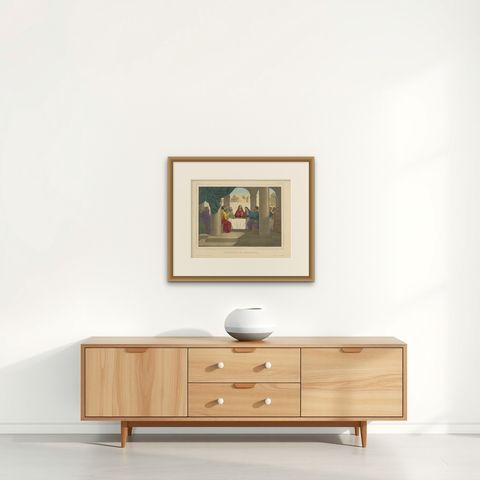 Antique Religious Print "No.26" the Institution of the Eucharist, circa 1840, shown framed on a wall, true to size