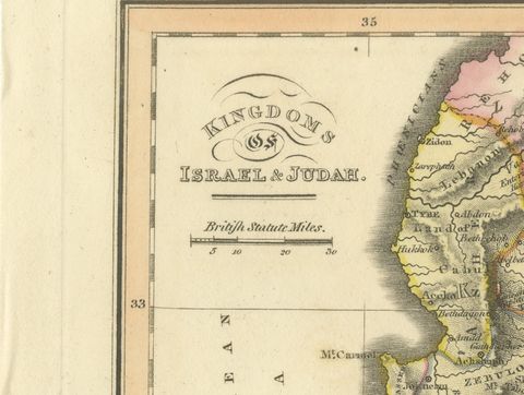 Antique Map of the Kingdoms of Israel and Judah, Hand-Colored, 1823, close-up 1