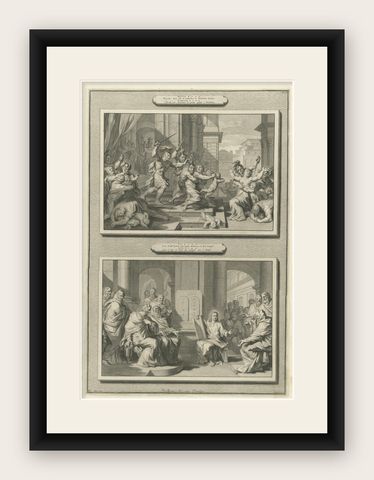 Massacre of the Innocents & Christ among the Doctors, Pieter Mortier, ca. 1700, shown framed