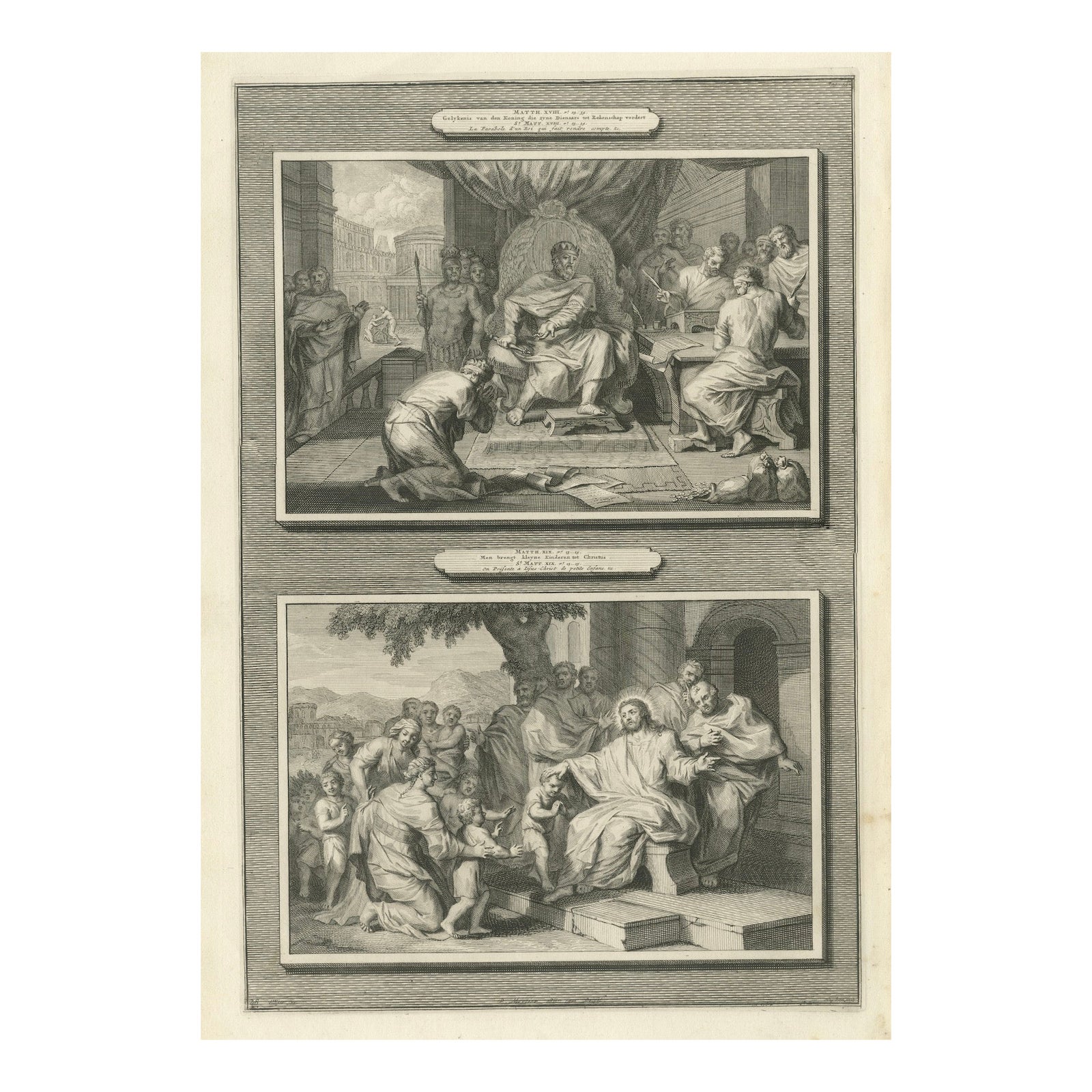 Biblical Engravings, The Unforgiving Servant & Christ Blessing Children, c.1700