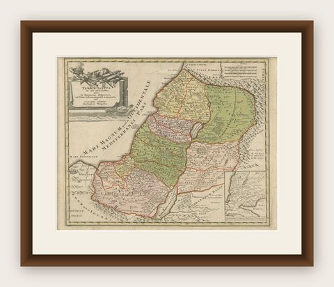 1718 Holy Land Map, Twelve Tribes, Six Provinces, Hand-Colored, Antique Map, shown framed