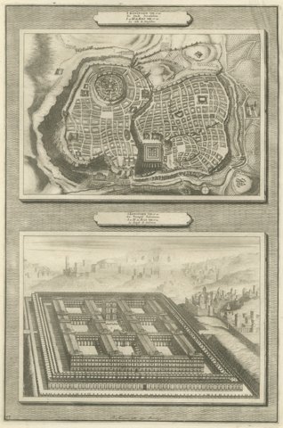 Plan of Jerusalem and Bird's Eye View of Solomon's Temple, Mortier, circa 1700
