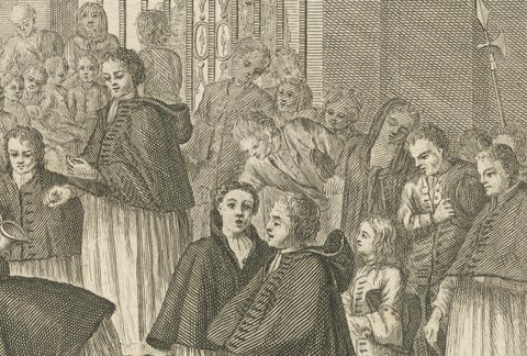 Maundy Thursday and Good Friday Rites, Old 1734 Catholic Engraving of Holy Week, close-up 6