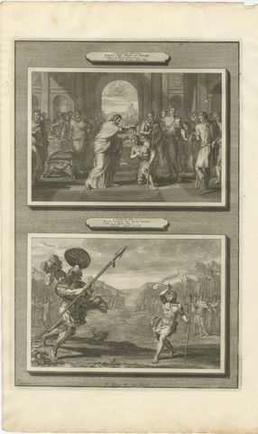 Samuel Anoints David and David Slays Goliath, Mortier Bible circa 1700