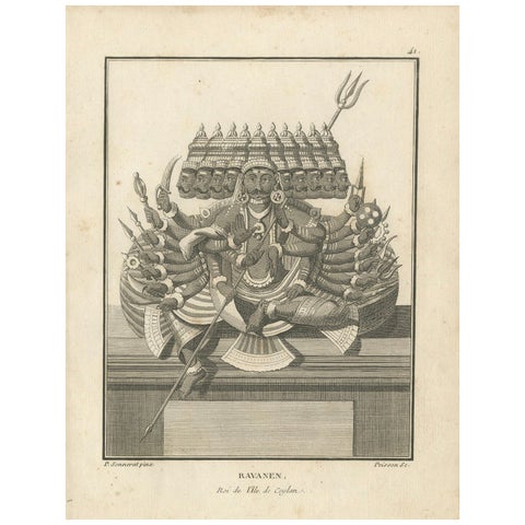 Striking 1806 Ravana Demon King Antique Print, Hindu Ramayana Engraving