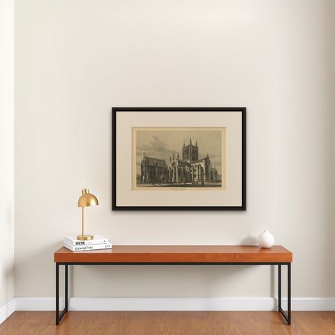 Antique Print of Hereford Cathedral from the Illustrated London News, 1883, shown framed on a wall, true to size
