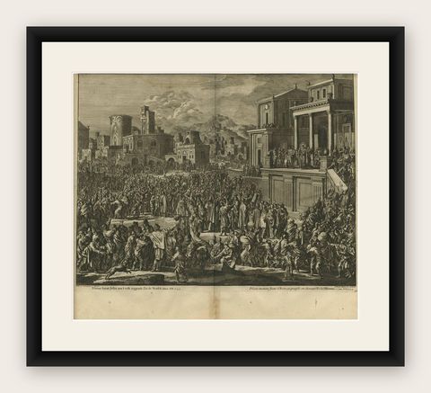 Antique Bible Print of Pilate and Jesus by J. Luyken, 1743, shown framed