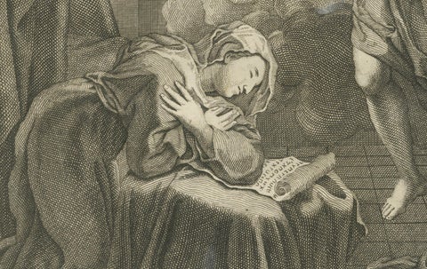 Set of Biblical Engravings, Nativity, Luke the Evangelist & Annunciation, c1735, close-up 1
