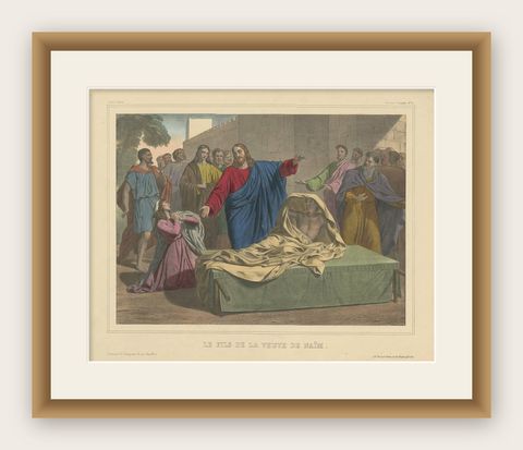 Antique Religious Print 'No. 21' The Son of the Widow of Naïm, circa 1840, shown framed