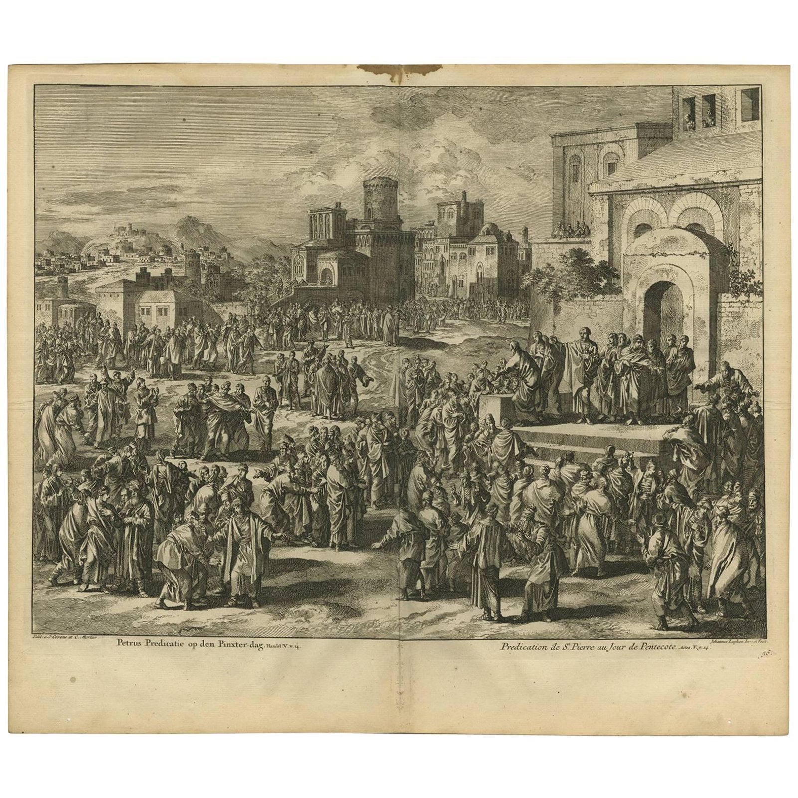 Antique Bible Print Peter's Sermon at Pentecost by J. Luyken, 1743